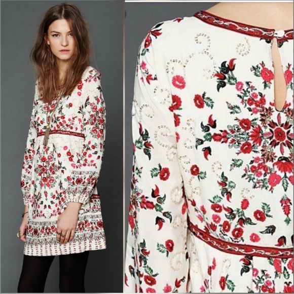 Free People Dresses & Skirts - Free People Red Floral Embroidered Long Sleeve Dress - Size 8